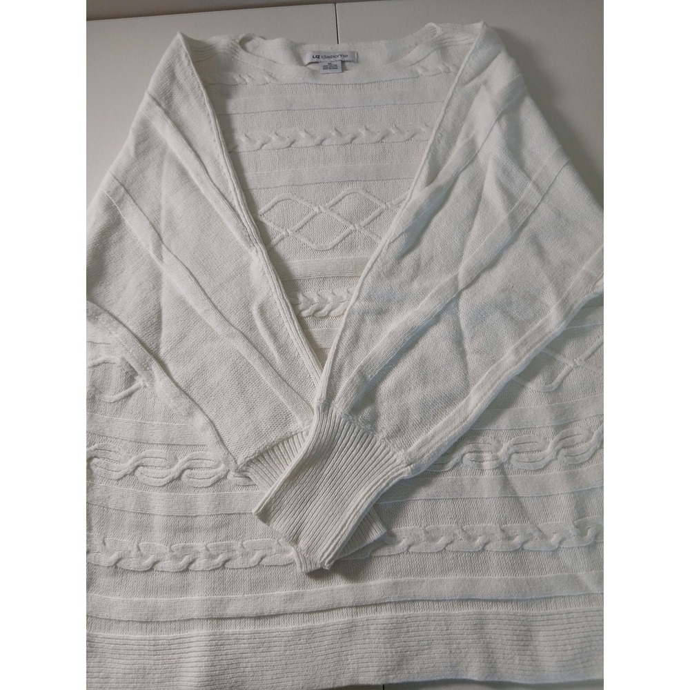 Liz Claiborne Women XL White Cable Knit Pointelle Cotton Blend Sweater Pullover